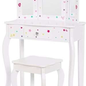 UTEX Pretend Play Kids Vanity Table and Chair Vanity Set with Mirror Makeup Dressing Table with Drawer, Play Vanity Set,White - 7