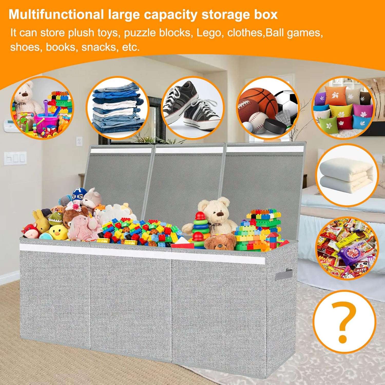 Extra Large Toy Box for Girls Boys - Collapsible Kids Toy Chest Boxes Organizers and Storage for Livingroom,Playroom,Closet 35.8 x12.6 x16 (Grey) - 3