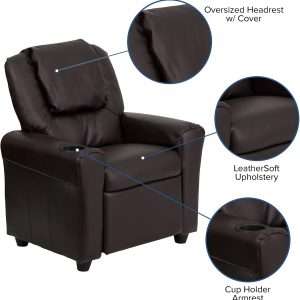 Flash Furniture Vana LeatherSoft Kids Recliner with Cup Holder, Headrest, and Safety Recline, Contemporary Reclining Chair for Kids, Supports up to 90 lbs., Brown - 5