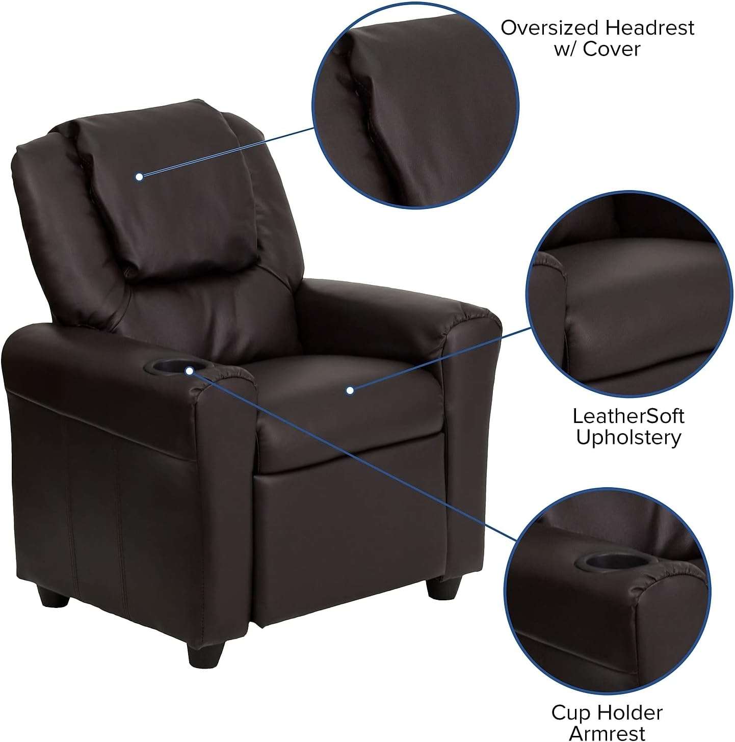 Flash Furniture Vana LeatherSoft Kids Recliner with Cup Holder, Headrest, and Safety Recline, Contemporary Reclining Chair for Kids, Supports up to 90 lbs., Brown - 5