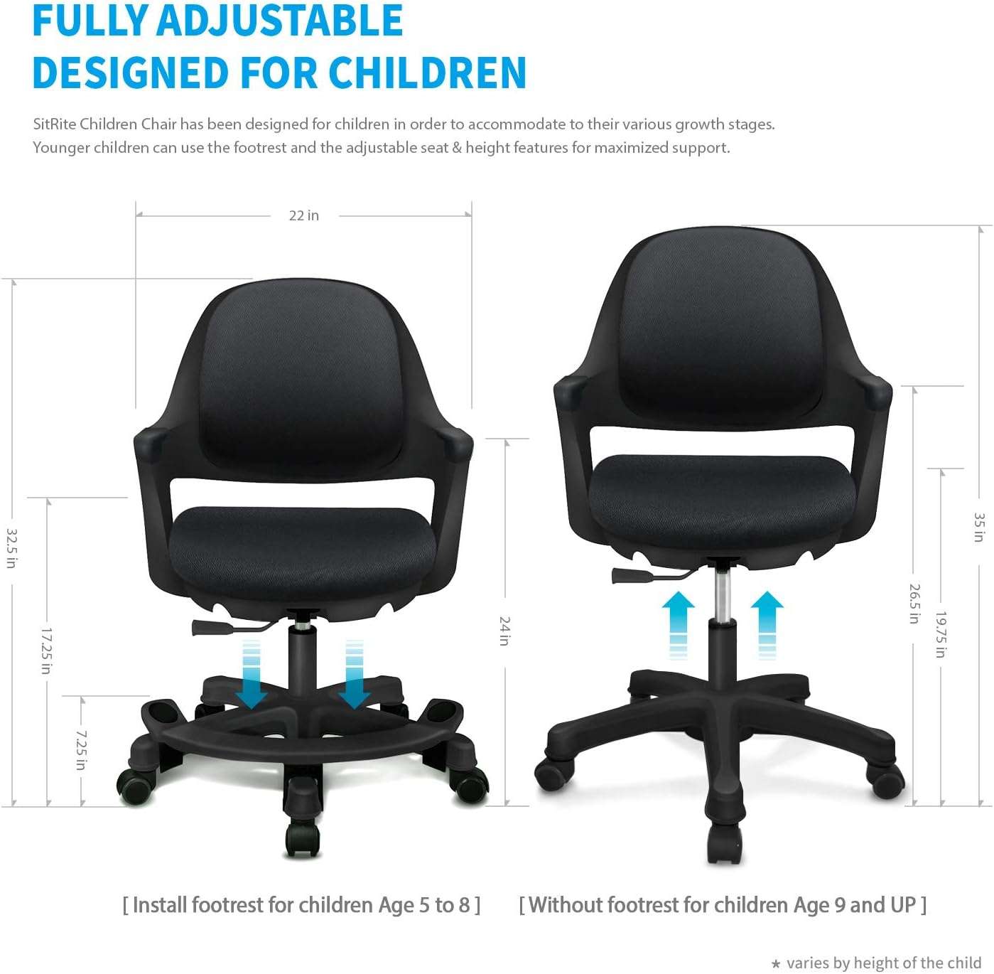 Kids Desk Chair - Ergonomic Kids Computer Chair - Adjustable Kids Office Chair with Wheels & Arms - Kids Chairs for Girls and Boys - Kids Chair Desk with Wheel Covers (Piano Black) - 2