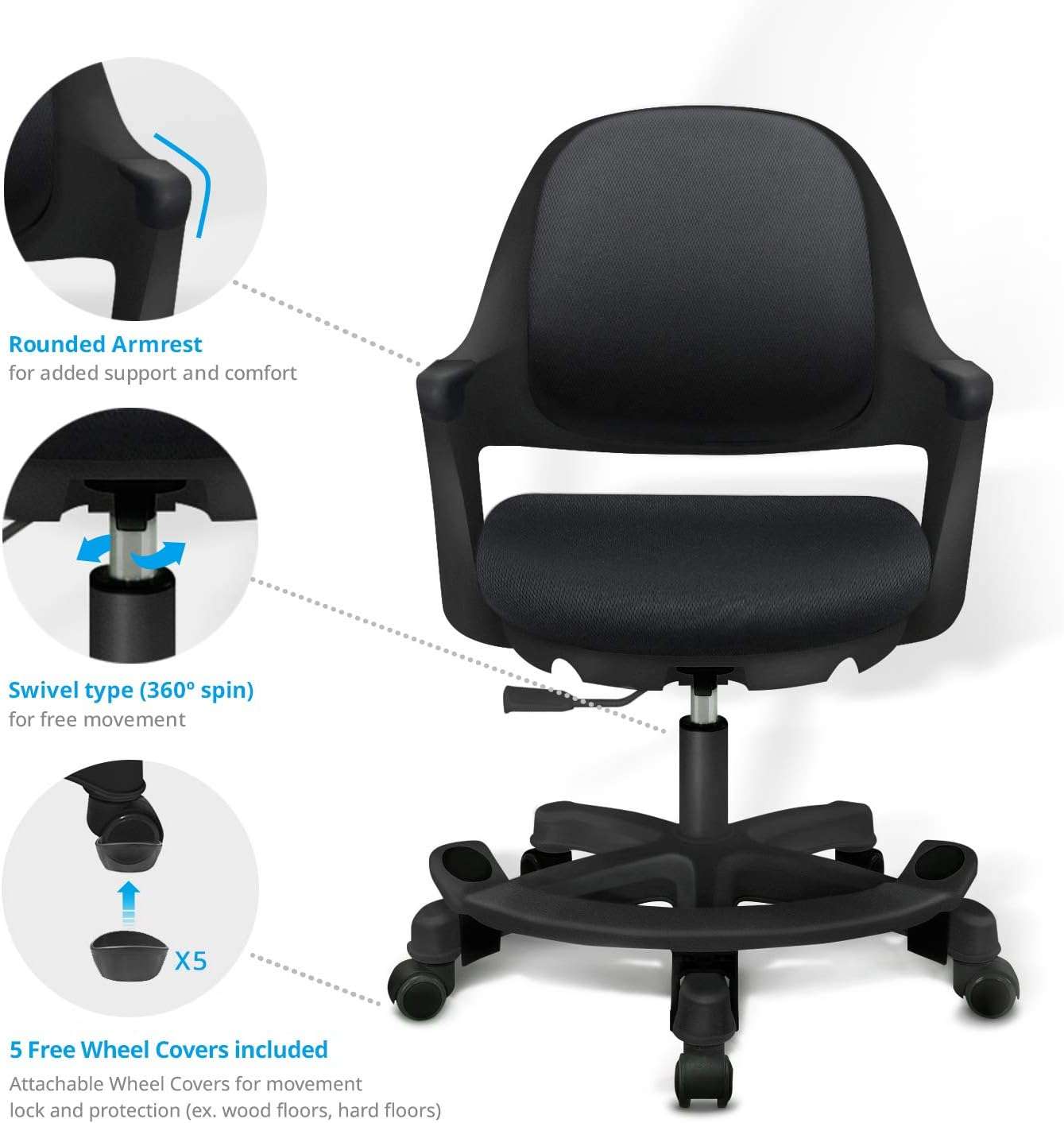 Kids Desk Chair - Ergonomic Kids Computer Chair - Adjustable Kids Office Chair with Wheels & Arms - Kids Chairs for Girls and Boys - Kids Chair Desk with Wheel Covers (Piano Black) - 5