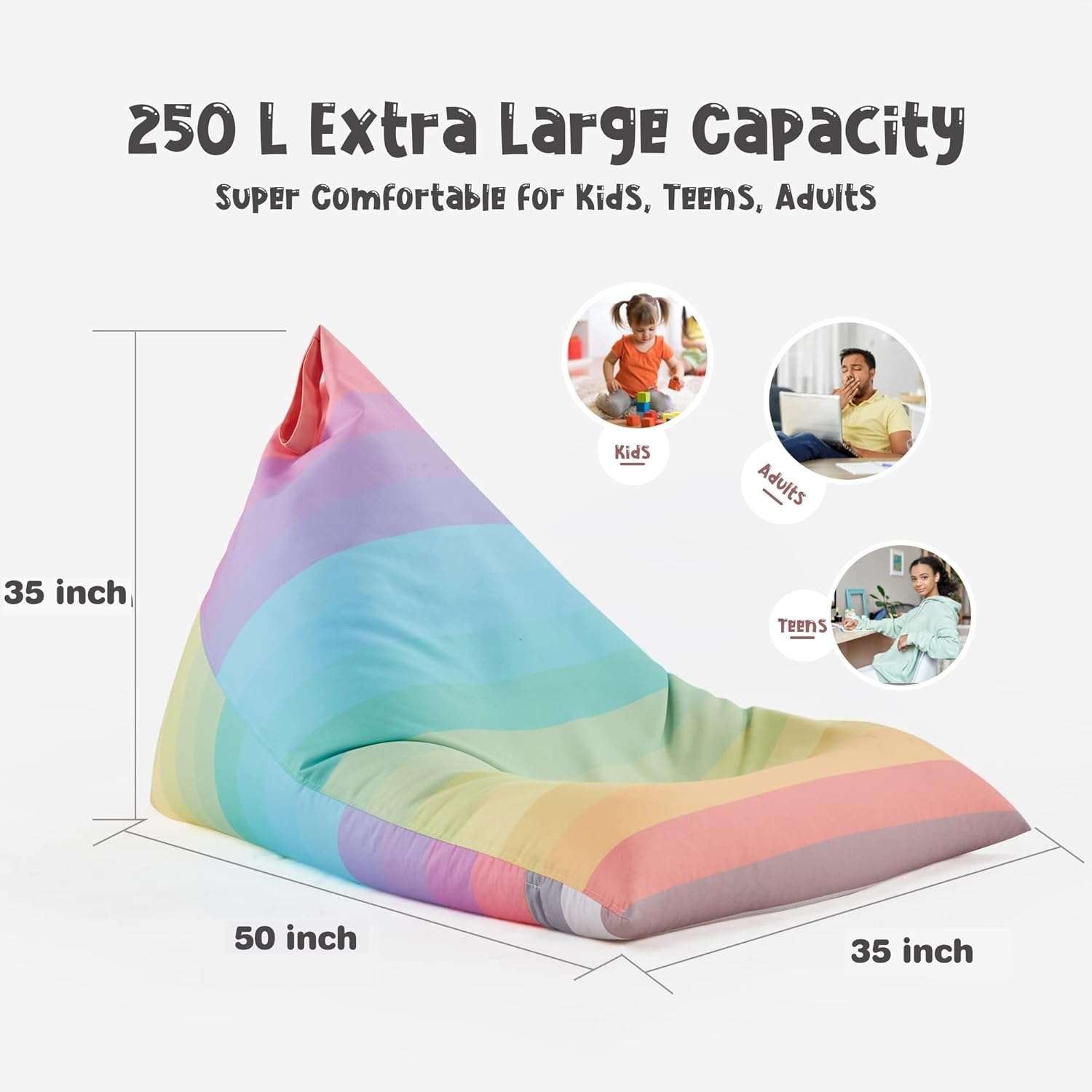 Nobildonna Stuffed Animal Storage Bean Bag for Kids (No Filler), Extra Large 250L Bean Bag Chair Cover Only, Washable Beanbag Without Filling Soft Premium Canvas Stuffable Bean Bag Cover (Rainbow) - 6