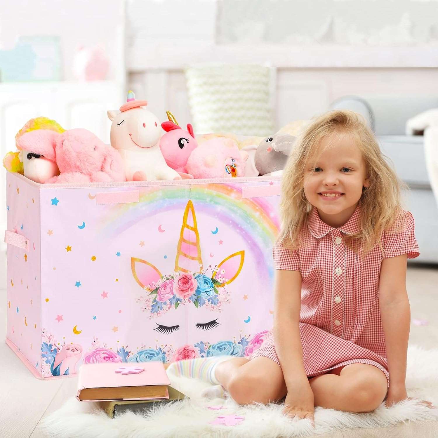 WERNNSAI Unicorn Toy Box - Collapsible Oxford Storage Bin with Handles 25 x 13 x 16 Toys Clothes Books Chest Organizer Cube with Flip-top Lid for Girls Kids Bedroom Nursery Living Room - 2