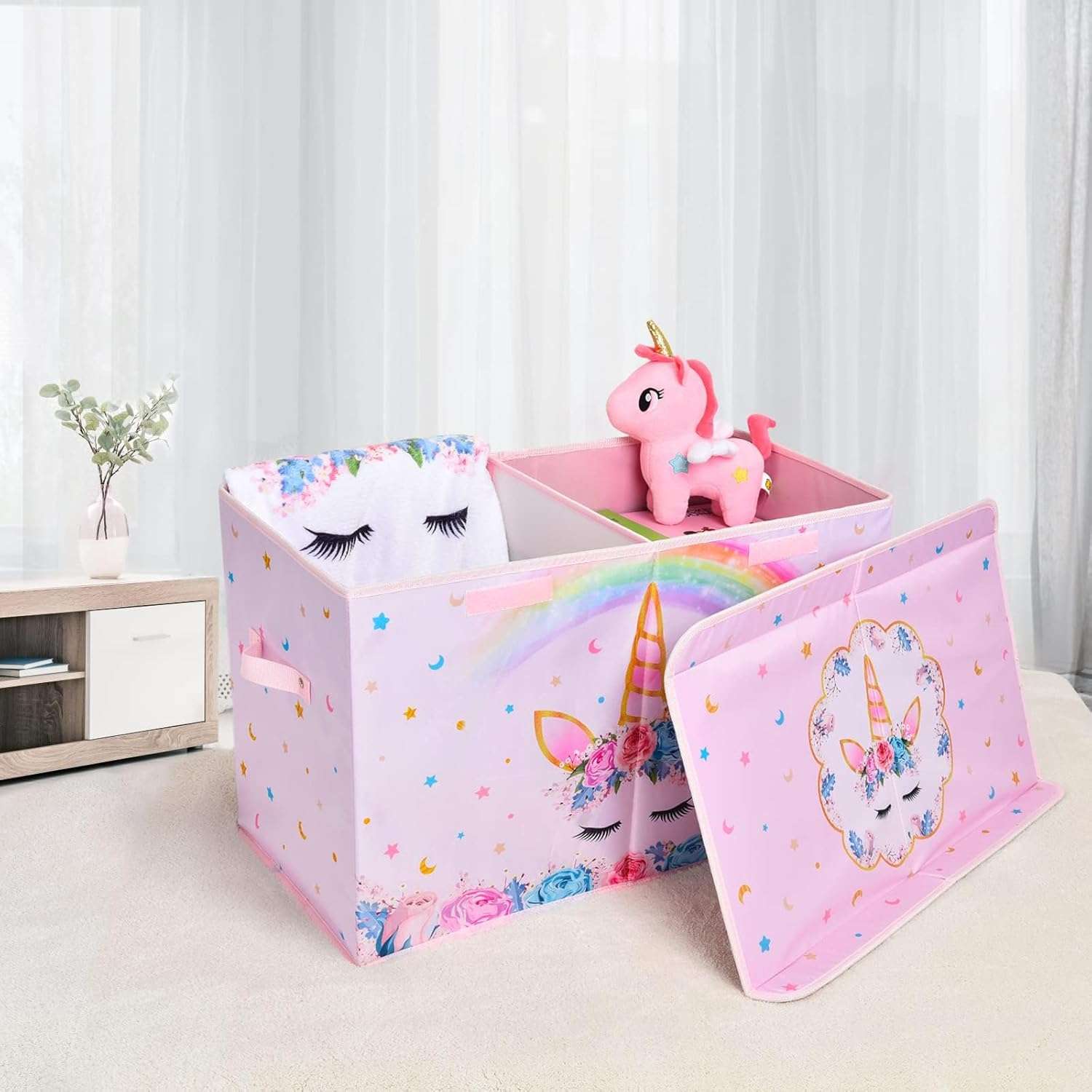 WERNNSAI Unicorn Toy Box - Collapsible Oxford Storage Bin with Handles 25 x 13 x 16 Toys Clothes Books Chest Organizer Cube with Flip-top Lid for Girls Kids Bedroom Nursery Living Room - 6
