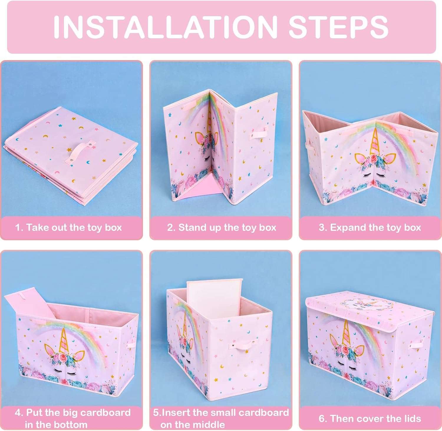 WERNNSAI Unicorn Toy Box - Collapsible Oxford Storage Bin with Handles 25 x 13 x 16 Toys Clothes Books Chest Organizer Cube with Flip-top Lid for Girls Kids Bedroom Nursery Living Room - 7