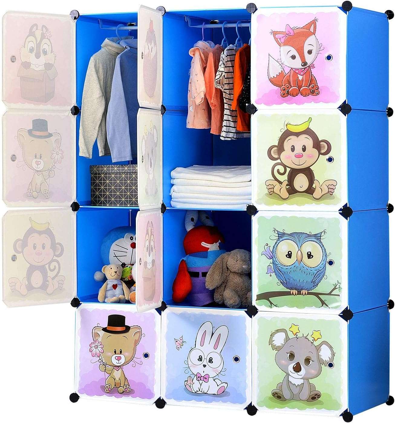 BRIAN & DANY Portable Cartoon Clothes Closet DIY Modular Storage Organizer, Sturdy and Safe Wardrobe for Children and Kids, 8 Cubes&2 Hanging Sections, 30% Deeper Than Standard Version, Blue - 1