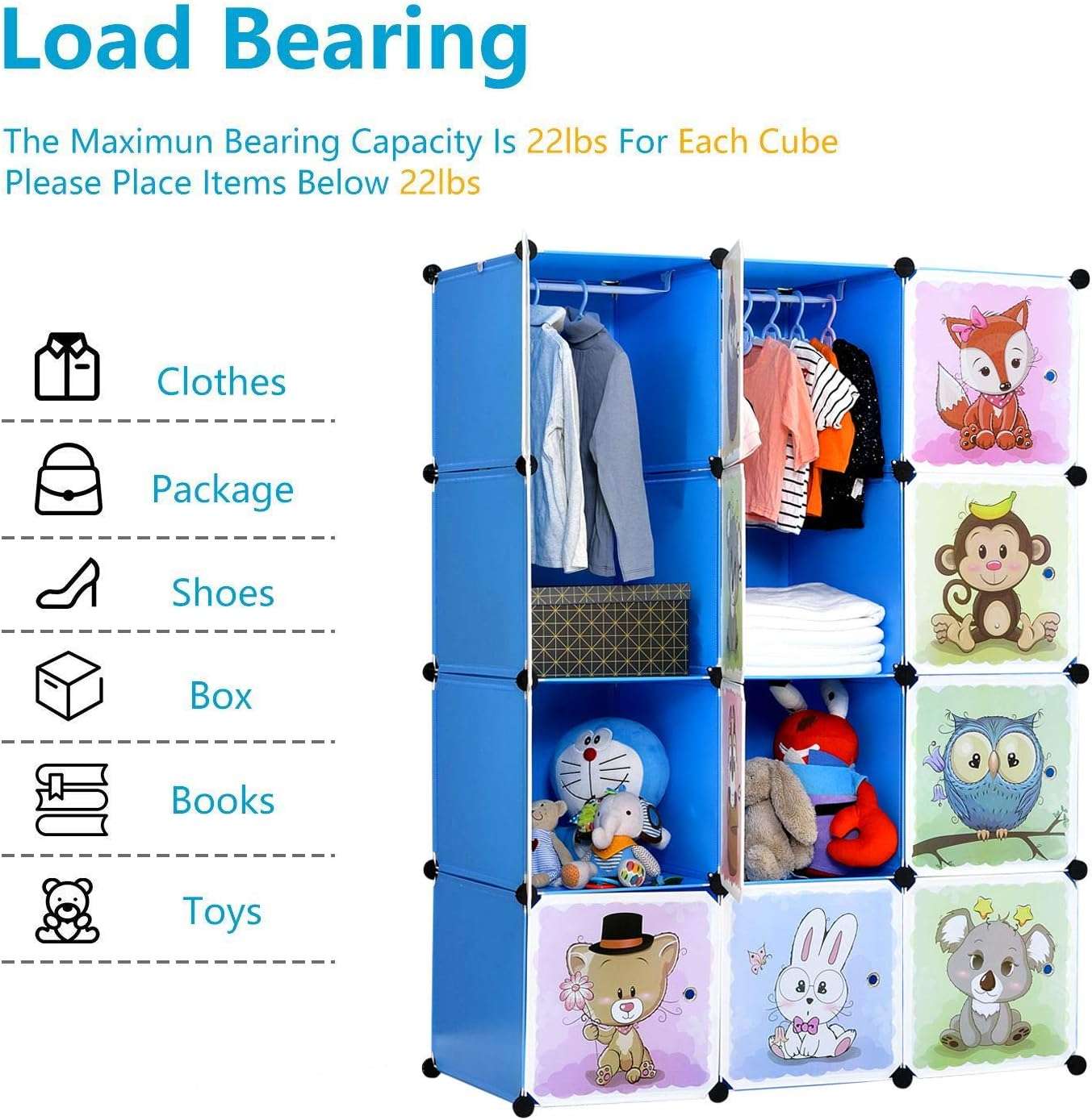 BRIAN & DANY Portable Cartoon Clothes Closet DIY Modular Storage Organizer, Sturdy and Safe Wardrobe for Children and Kids, 8 Cubes&2 Hanging Sections, 30% Deeper Than Standard Version, Blue - 2