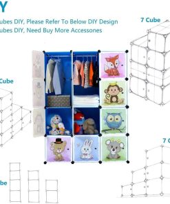 BRIAN & DANY Portable Cartoon Clothes Closet DIY Modular Storage Organizer, Sturdy and Safe Wardrobe for Children and Kids, 8 Cubes&2 Hanging Sections, 30% Deeper Than Standard Version, Blue - 3