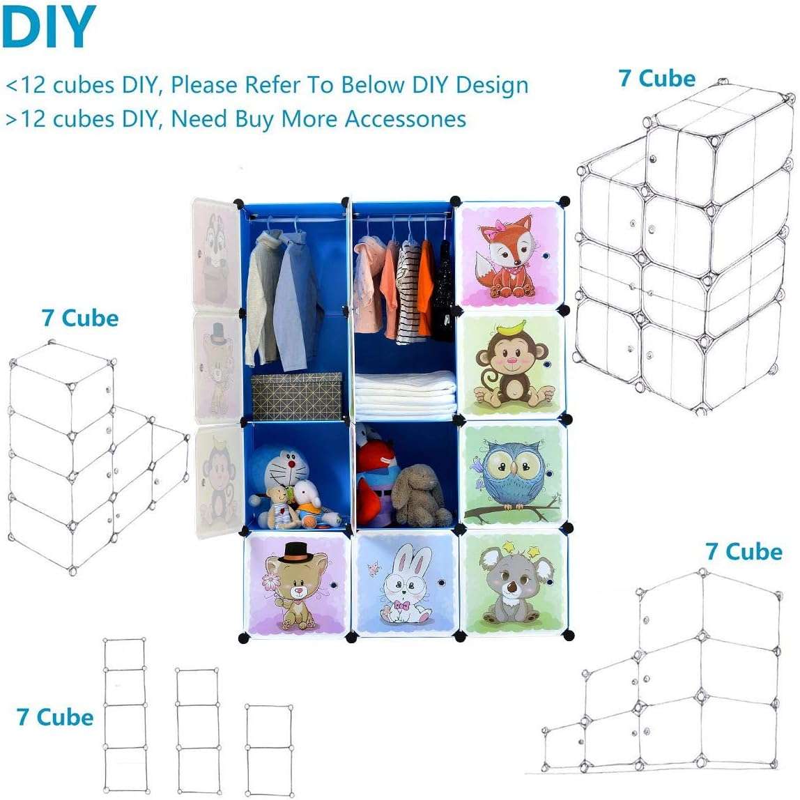 BRIAN & DANY Portable Cartoon Clothes Closet DIY Modular Storage Organizer, Sturdy and Safe Wardrobe for Children and Kids, 8 Cubes&2 Hanging Sections, 30% Deeper Than Standard Version, Blue - 3