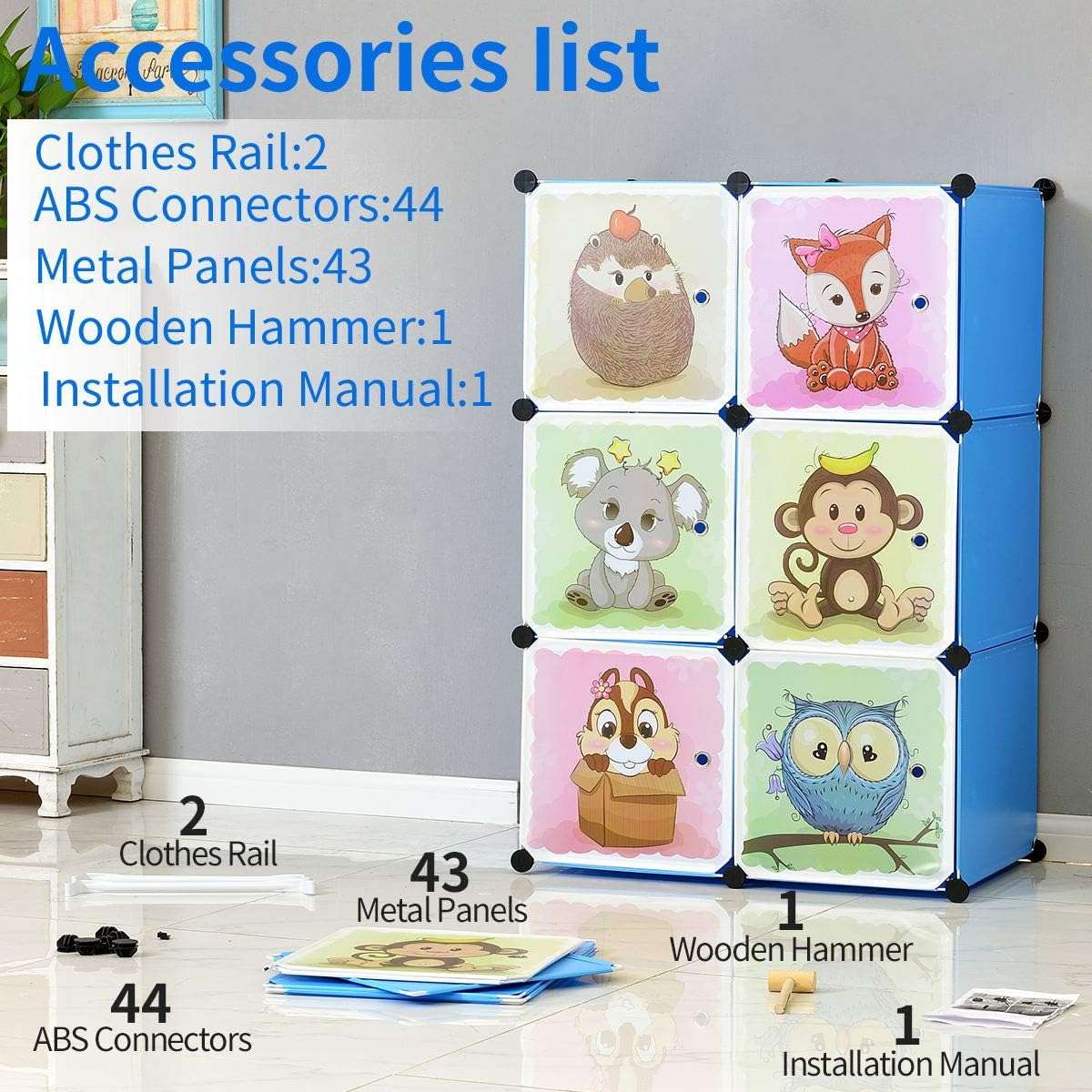 BRIAN & DANY Portable Cartoon Clothes Closet DIY Modular Storage Organizer, Sturdy and Safe Wardrobe for Children and Kids, 8 Cubes&2 Hanging Sections, 30% Deeper Than Standard Version, Blue - 4