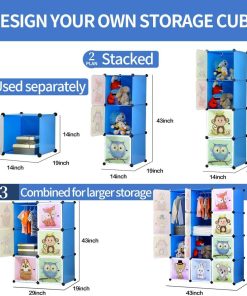 BRIAN & DANY Portable Cartoon Clothes Closet DIY Modular Storage Organizer, Sturdy and Safe Wardrobe for Children and Kids, 8 Cubes&2 Hanging Sections, 30% Deeper Than Standard Version, Blue - 5