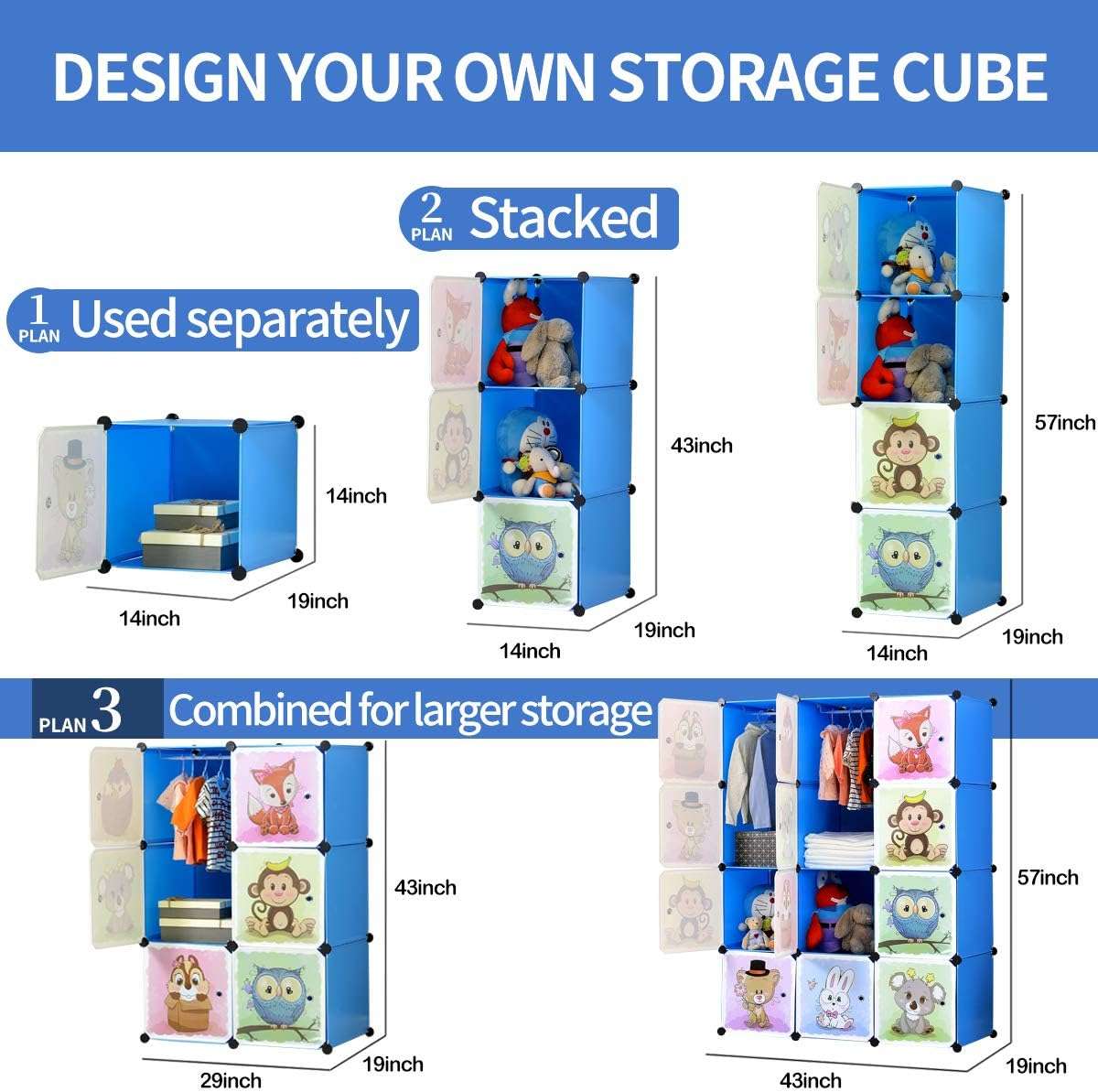 BRIAN & DANY Portable Cartoon Clothes Closet DIY Modular Storage Organizer, Sturdy and Safe Wardrobe for Children and Kids, 8 Cubes&2 Hanging Sections, 30% Deeper Than Standard Version, Blue - 5
