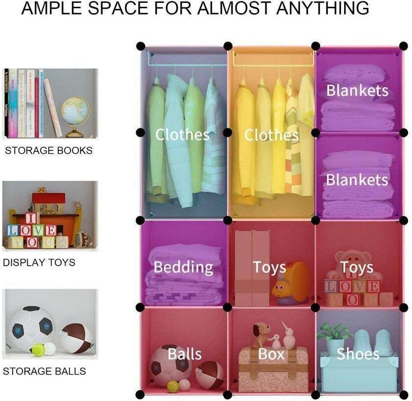 BRIAN & DANY Portable Cartoon Clothes Closet DIY Modular Storage Organizer, Sturdy and Safe Wardrobe for Children and Kids, 8 Cubes&2 Hanging Sections, 30% Deeper Than Standard Version, Blue - 6