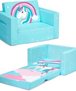 Delta Children Cozee 2-in-1 Convertible Sofa to Lounger For Bedroom - Lightweight,Portable Comfy Flip Open Couch-Sleeper for Kids, Blue Unicorn - 1