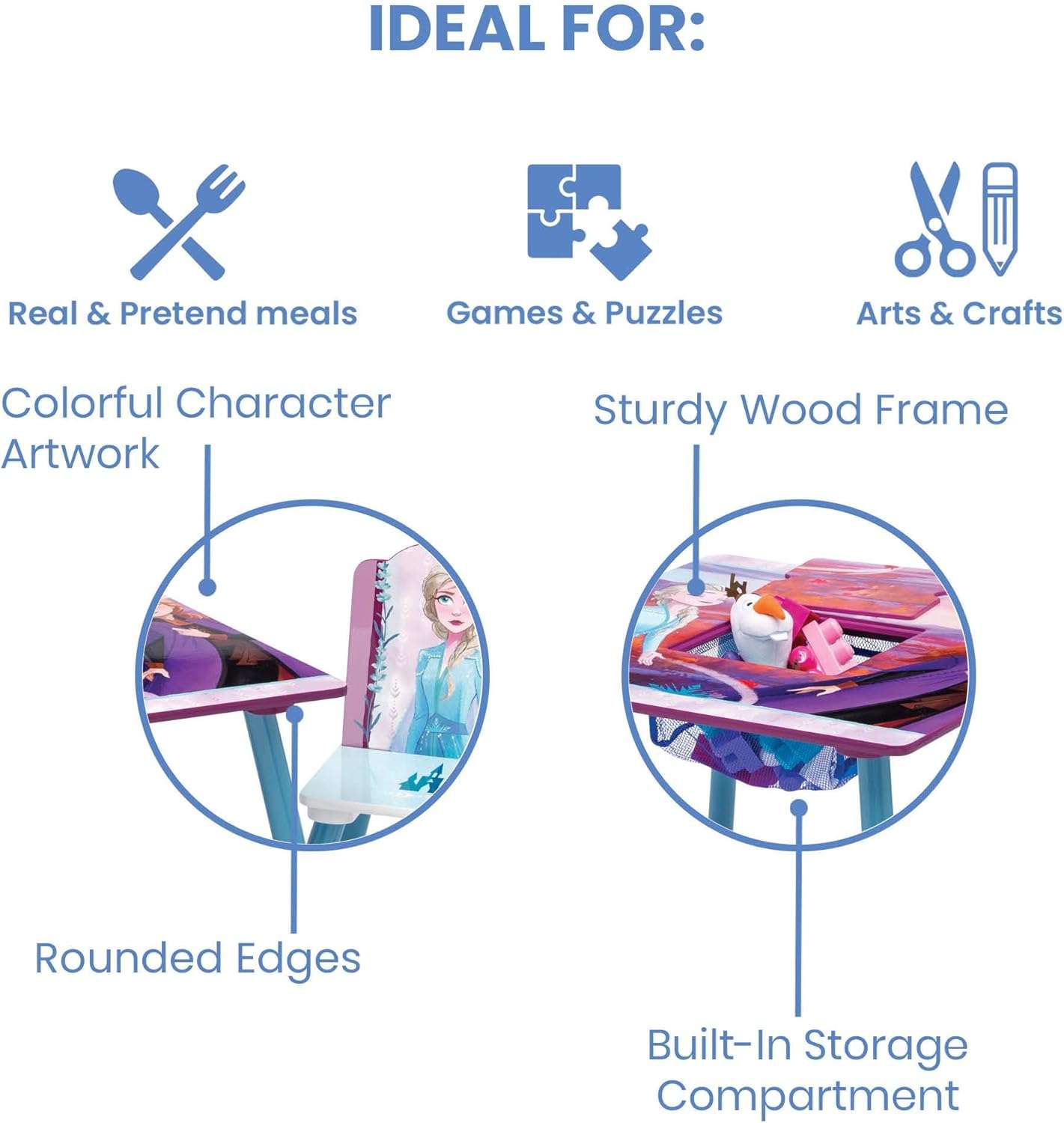 Delta Children Kids Table and Chair Set With Storage (2 Chairs Included) - Ideal for Arts & Crafts, Snack Time, Homeschooling, Homework & More, Disney Frozen II - 3