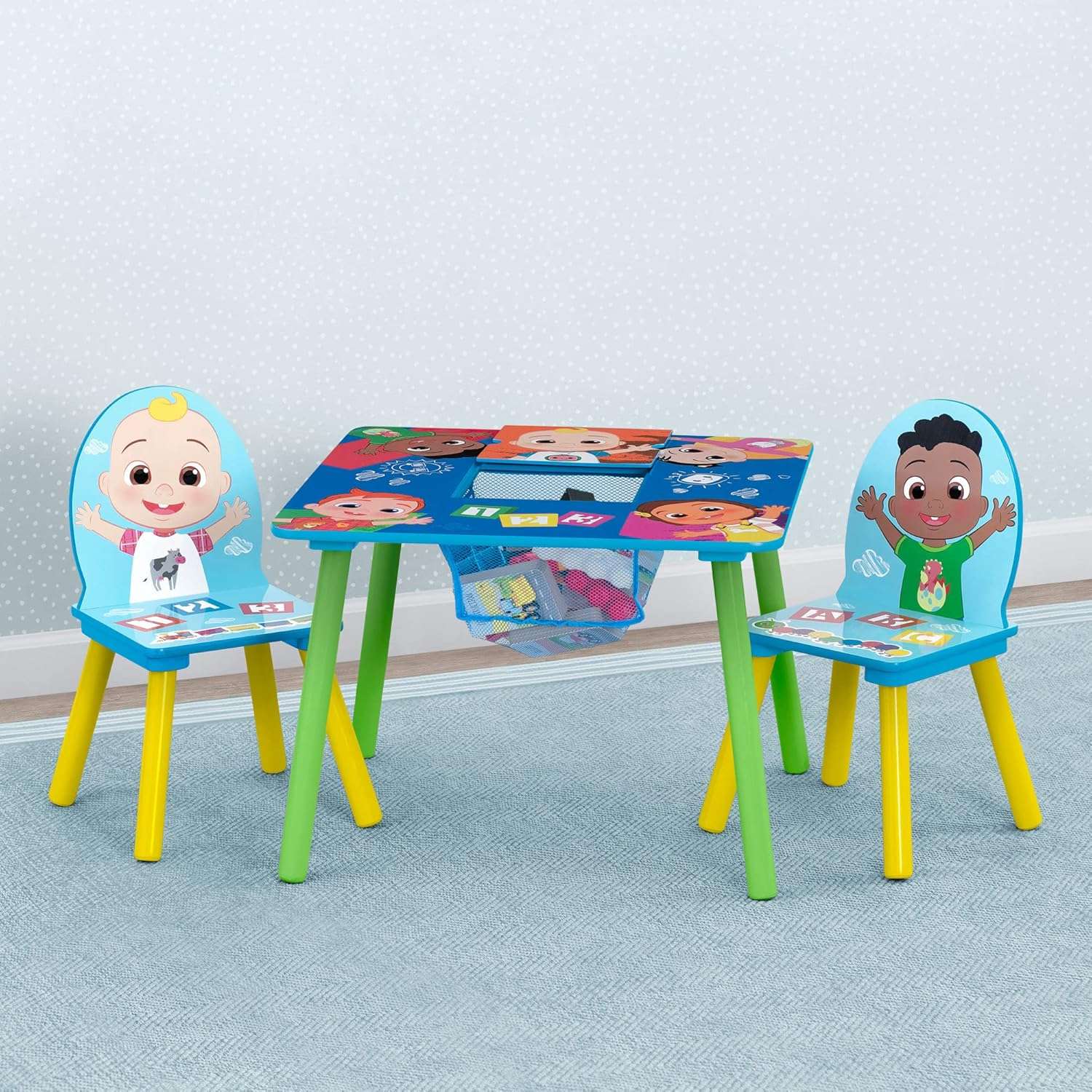 Delta Children Kids Table and Chair Set with Storage (2 Chairs Included) - Greenguard Gold Certified - Ideal for Arts & Crafts, Snack Time, Homeschooling, Homework & More, CoComelon - 2
