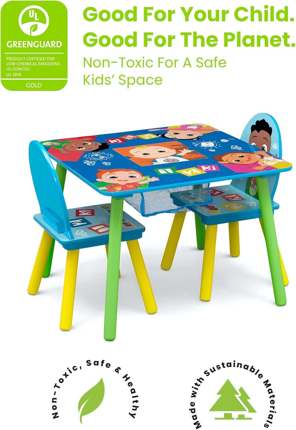 Delta Children Kids Table and Chair Set with Storage (2 Chairs Included) - Greenguard Gold Certified - Ideal for Arts & Crafts, Snack Time, Homeschooling, Homework & More, CoComelon - 3
