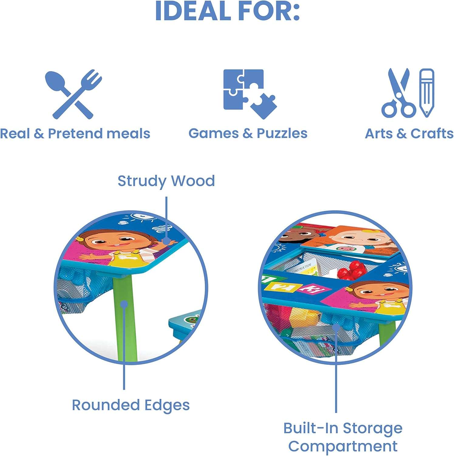 Delta Children Kids Table and Chair Set with Storage (2 Chairs Included) - Greenguard Gold Certified - Ideal for Arts & Crafts, Snack Time, Homeschooling, Homework & More, CoComelon - 4