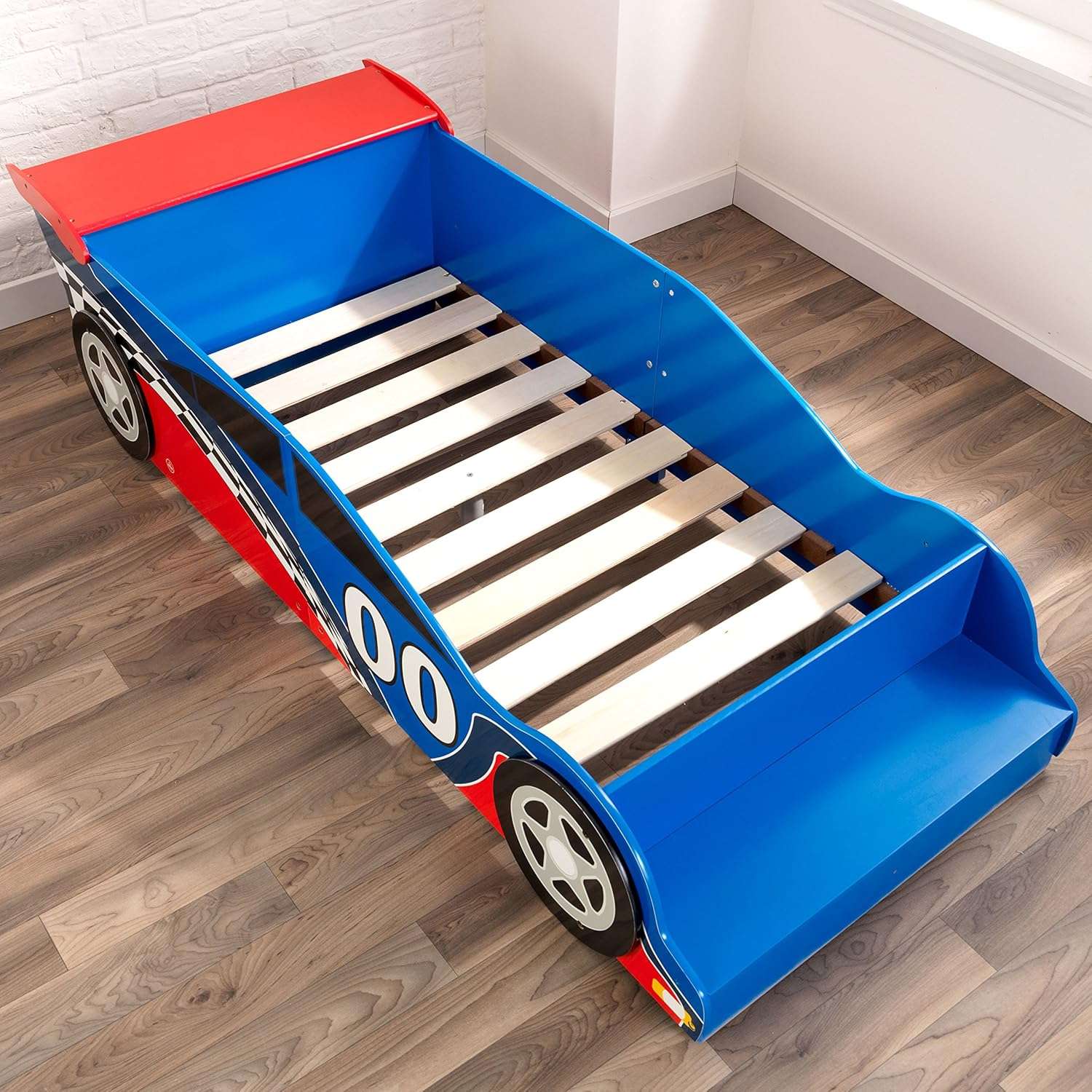 KidKraft Wooden Racecar Toddler Bed with Built-in Bench & Bed Rails - Red & Blue - 5