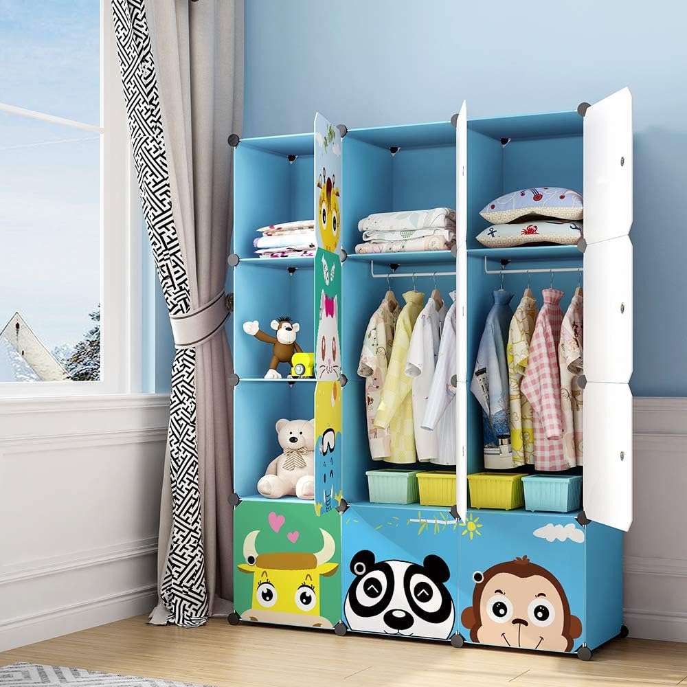 MAGINELS Kids Closet,Baby Wardrobe Closet with Door,Cute Portable Armoire Dresser,Clothes Hanging Storage Rack for Boy Bedroom,Blue,12 Cube(14x14inch) - 1