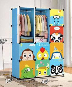 MAGINELS Kids Closet,Baby Wardrobe Closet with Door,Cute Portable Armoire Dresser,Clothes Hanging Storage Rack for Boy Bedroom,Blue,12 Cube(14x14inch) - 2