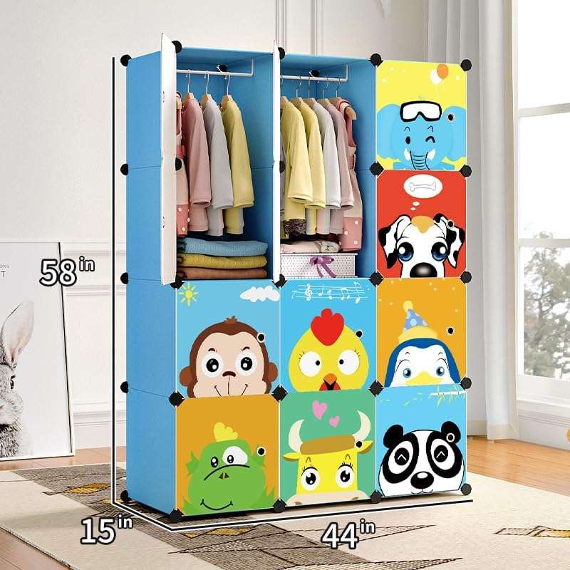 MAGINELS Kids Closet,Baby Wardrobe Closet with Door,Cute Portable Armoire Dresser,Clothes Hanging Storage Rack for Boy Bedroom,Blue,12 Cube(14x14inch) - 2