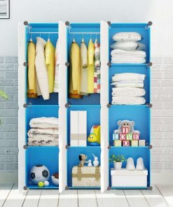 MAGINELS Kids Closet,Baby Wardrobe Closet with Door,Cute Portable Armoire Dresser,Clothes Hanging Storage Rack for Boy Bedroom,Blue,12 Cube(14x14inch) - 4