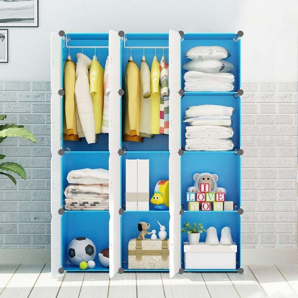 MAGINELS Kids Closet,Baby Wardrobe Closet with Door,Cute Portable Armoire Dresser,Clothes Hanging Storage Rack for Boy Bedroom,Blue,12 Cube(14x14inch) - 4