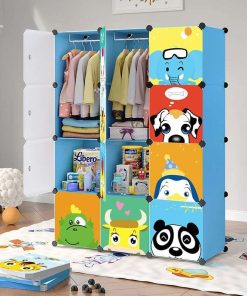 MAGINELS Kids Closet,Baby Wardrobe Closet with Door,Cute Portable Armoire Dresser,Clothes Hanging Storage Rack for Boy Bedroom,Blue,12 Cube(14x14inch) - 5