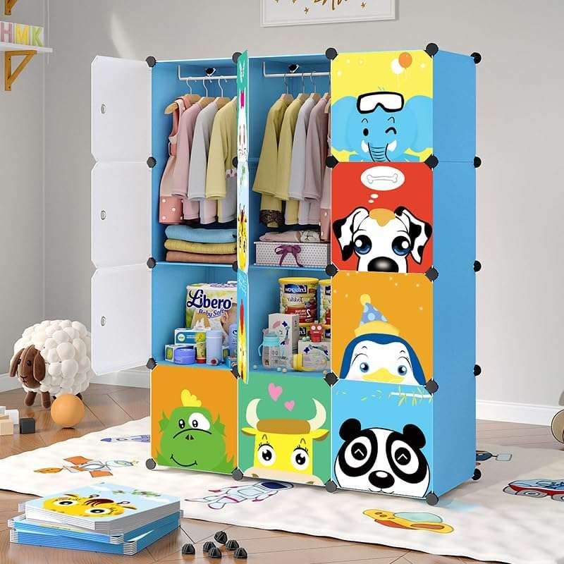 MAGINELS Kids Closet,Baby Wardrobe Closet with Door,Cute Portable Armoire Dresser,Clothes Hanging Storage Rack for Boy Bedroom,Blue,12 Cube(14x14inch) - 5