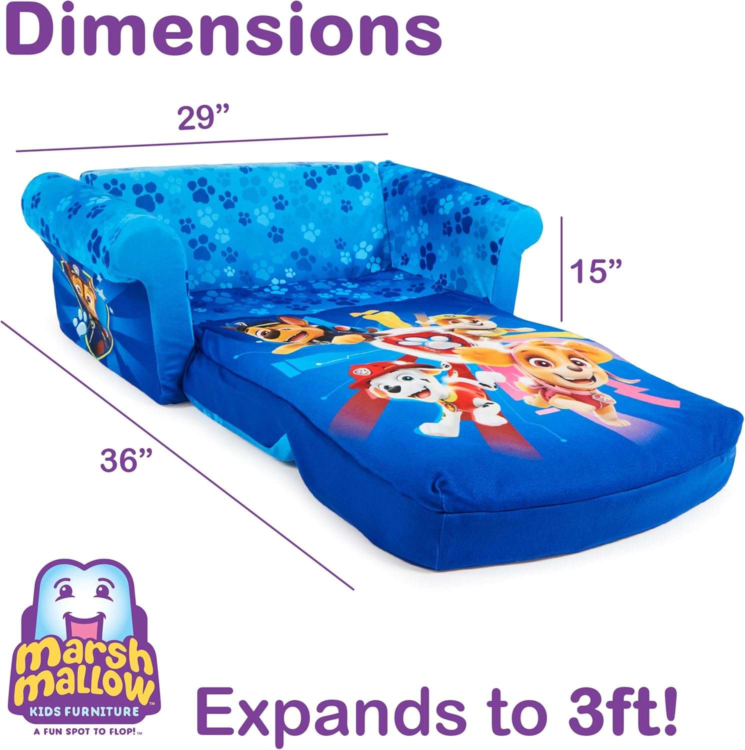 MARSHMALLOW Furniture, Paw Patrol 3-in-1 Slumber Sofa Baby Lounger, Convertible Kids Couch, Sofa Bed & Foam Toddler Nap Mat with Attached Blanket - 3
