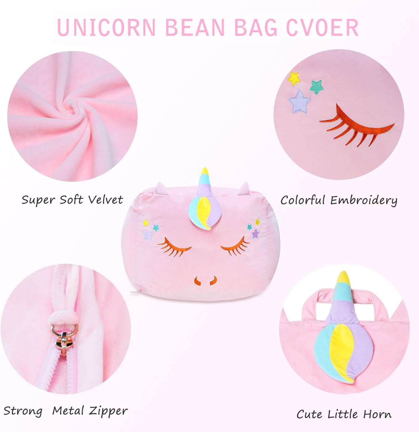 Unicorn Stuffed Animal Toy Storage, Kids Bean Bag Chair COVER ONLY, Velvet Extra Soft Stuffed Organization Replace Mesh Toy Hammock for Kids Blankets Towels Clothes Home Supplies Pink - 4