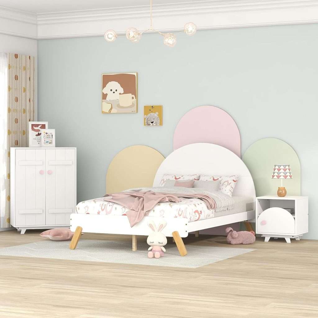 SOFTSEA Kids Bedroom Furniture Set 3-Piece Full Indoor Furniture Set Include Cute Full Size Platform Bed Frame, Nightstand and Wardrobe for Kids 2