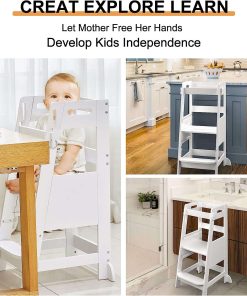 TOETOL Bamboo Toddler Kitchen Step Stool White Helper Standing Tower Height Adjustable with Anti-Slip Protection for Kids Kitchen Counter Learning 2