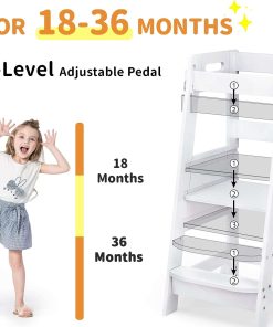 TOETOL Bamboo Toddler Kitchen Step Stool White Helper Standing Tower Height Adjustable with Anti-Slip Protection for Kids Kitchen Counter Learning 3