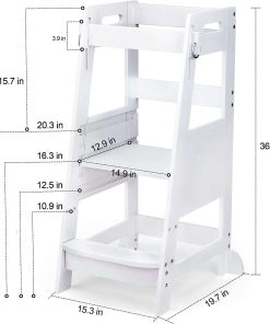 TOETOL Bamboo Toddler Kitchen Step Stool White Helper Standing Tower Height Adjustable with Anti-Slip Protection for Kids Kitchen Counter Learning 4