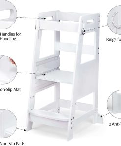 TOETOL Bamboo Toddler Kitchen Step Stool White Helper Standing Tower Height Adjustable with Anti-Slip Protection for Kids Kitchen Counter Learning 5