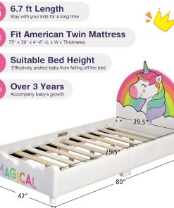 HONEY JOY Kids Bed, Toddler Upholstered Platform Floor Bed w-Headboard & Wooden Slat Base, No Box Spring Needed, Children Bedroom Furniture, Twin Bed Frame 2