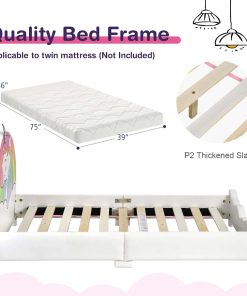 HONEY JOY Kids Bed, Toddler Upholstered Platform Floor Bed w-Headboard & Wooden Slat Base, No Box Spring Needed, Children Bedroom Furniture, Twin Bed Frame 5