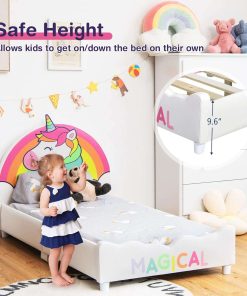 HONEY JOY Kids Bed, Toddler Upholstered Platform Floor Bed w-Headboard & Wooden Slat Base, No Box Spring Needed, Children Bedroom Furniture, Twin Bed Frame 7