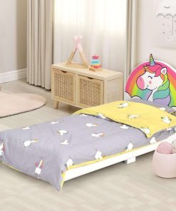 HONEY JOY Kids Bed, Toddler Upholstered Platform Floor Bed w-Headboard & Wooden Slat Base, No Box Spring Needed, Children Bedroom Furniture, Twin Bed Frame 9