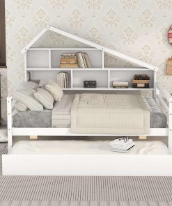 Harper & Bright Designs Full Bed with Trundle and Storage Bookcase, Solid Wood Platform Bed Frame, House Bed for Kids Girls Boys, No Box Spring Needed 3