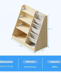 4 Tier Kids Wooden Bookshelf, Five Layer Sling Bookcase, Baby Storage Book Rack, Book and Toy Organizer Cabinet, Book Display, for Playroom, Bedroom, Toddler Room, Nursery,Classroom (Burlywood) - 3