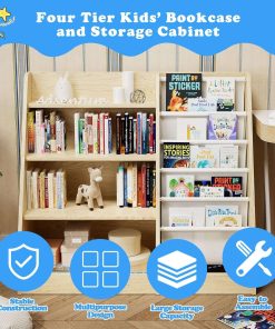 4 Tier Kids Wooden Bookshelf, Five Layer Sling Bookcase, Baby Storage Book Rack, Book and Toy Organizer Cabinet, Book Display, for Playroom, Bedroom, Toddler Room, Nursery,Classroom (Burlywood) - 4
