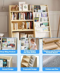 4 Tier Kids Wooden Bookshelf, Five Layer Sling Bookcase, Baby Storage Book Rack, Book and Toy Organizer Cabinet, Book Display, for Playroom, Bedroom, Toddler Room, Nursery,Classroom (Burlywood) - 5