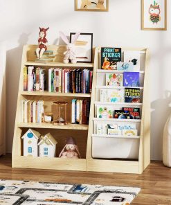 4 Tier Kids Wooden Bookshelf, Five Layer Sling Bookcase, Baby Storage Book Rack, Book and Toy Organizer Cabinet, Book Display, for Playroom, Bedroom, Toddler Room, Nursery,Classroom (Burlywood) - 7
