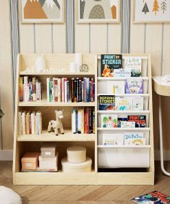 4 Tier Kids Wooden Bookshelf, Five Layer Sling Bookcase, Baby Storage Book Rack, Book and Toy Organizer Cabinet, Book Display, for Playroom, Bedroom, Toddler Room, Nursery,Classroom (Burlywood) - 8