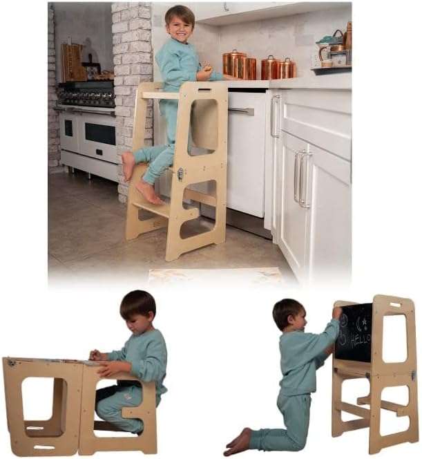 Avenlur Date 4-in-1 Foldable Kitchen Tower - Toddler Step Stool with Chalkboard, Desk Table and Chair - Waldorf and Montessori Kitchen Stool - Kitchen Helper for Toddlers 18 Months to 6 Years - 1