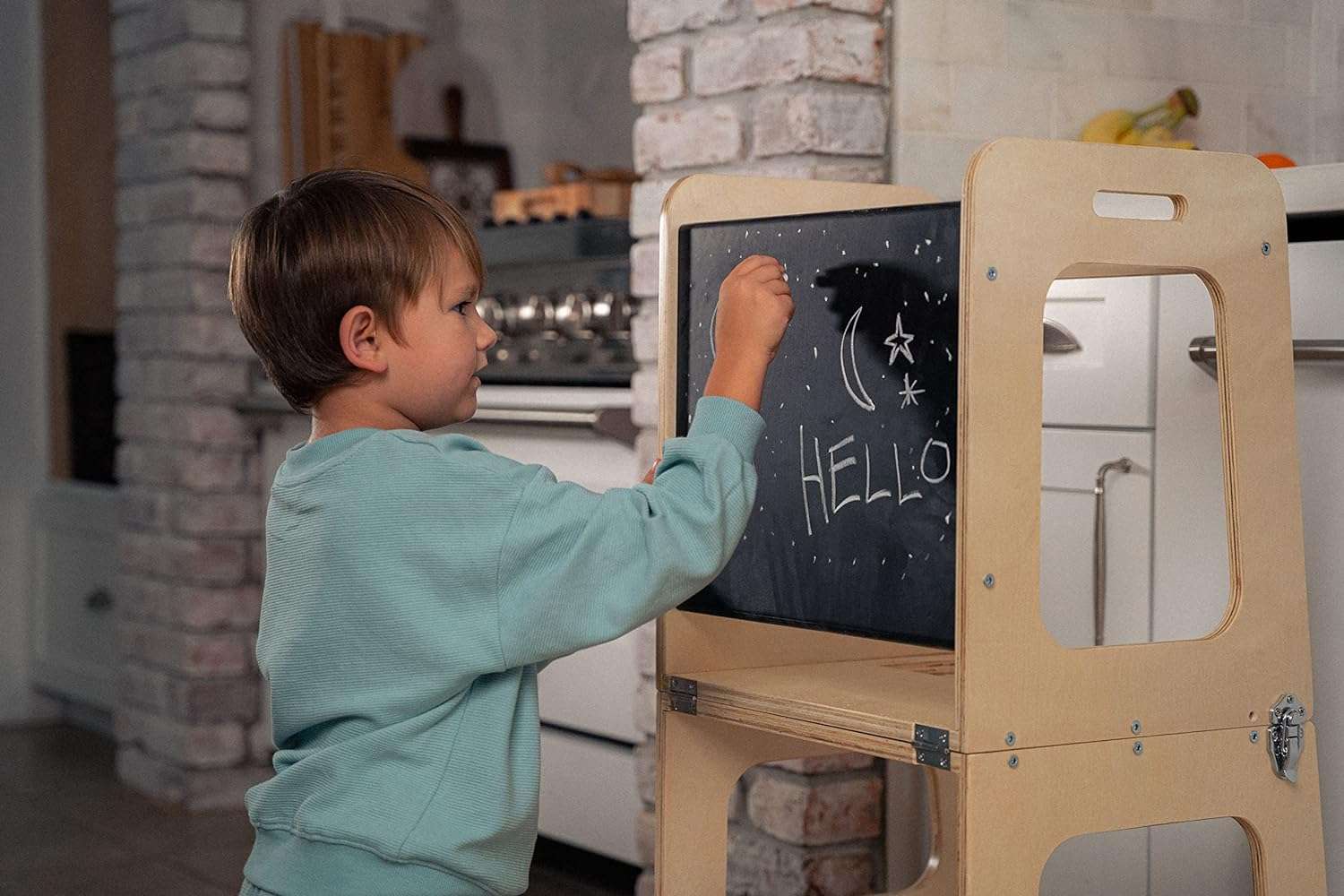 Avenlur Date 4-in-1 Foldable Kitchen Tower - Toddler Step Stool with Chalkboard, Desk Table and Chair - Waldorf and Montessori Kitchen Stool - Kitchen Helper for Toddlers 18 Months to 6 Years - 8